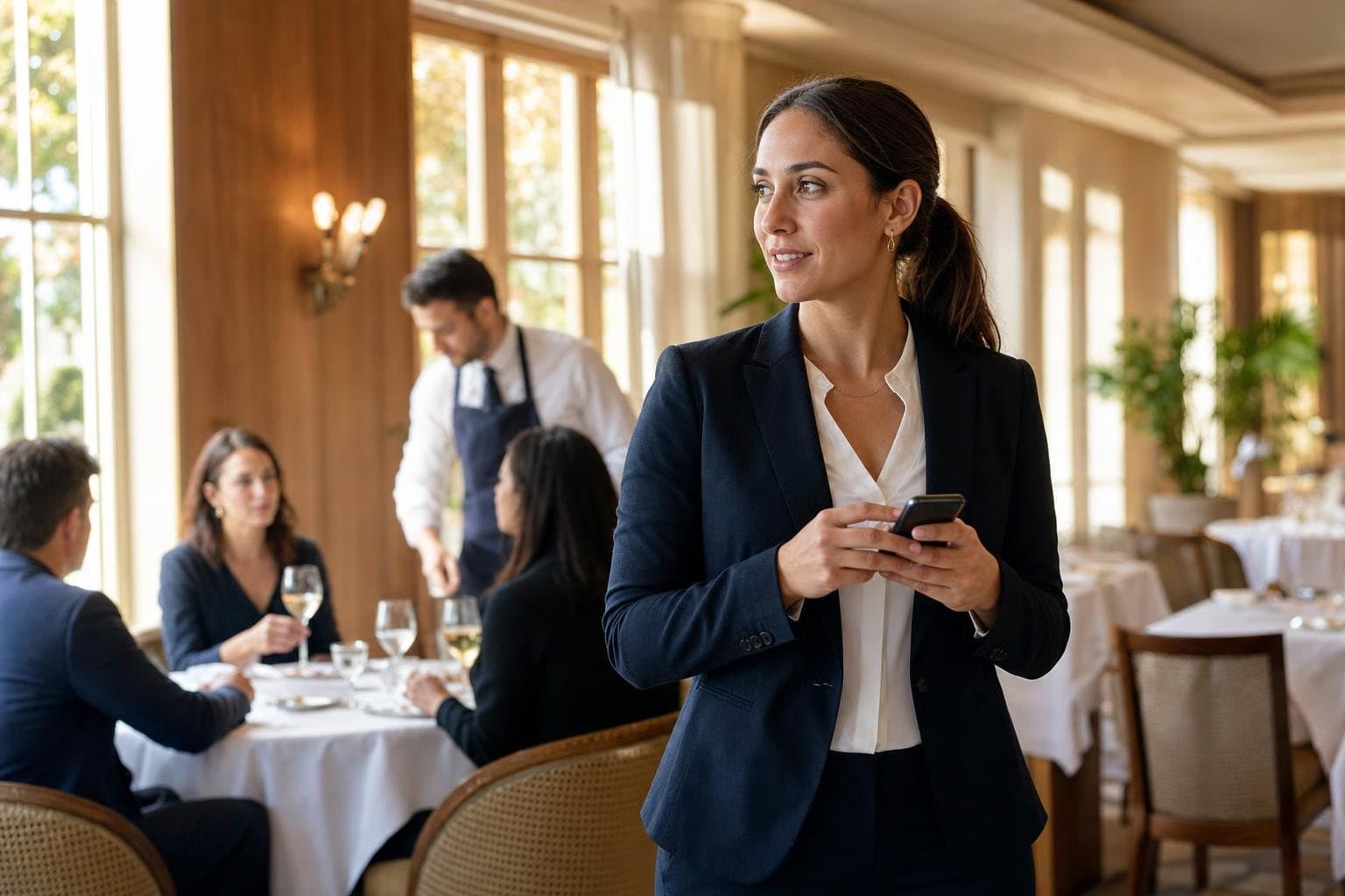A manager on a bright restaurant floor, phone in hand, sending one message to the team.