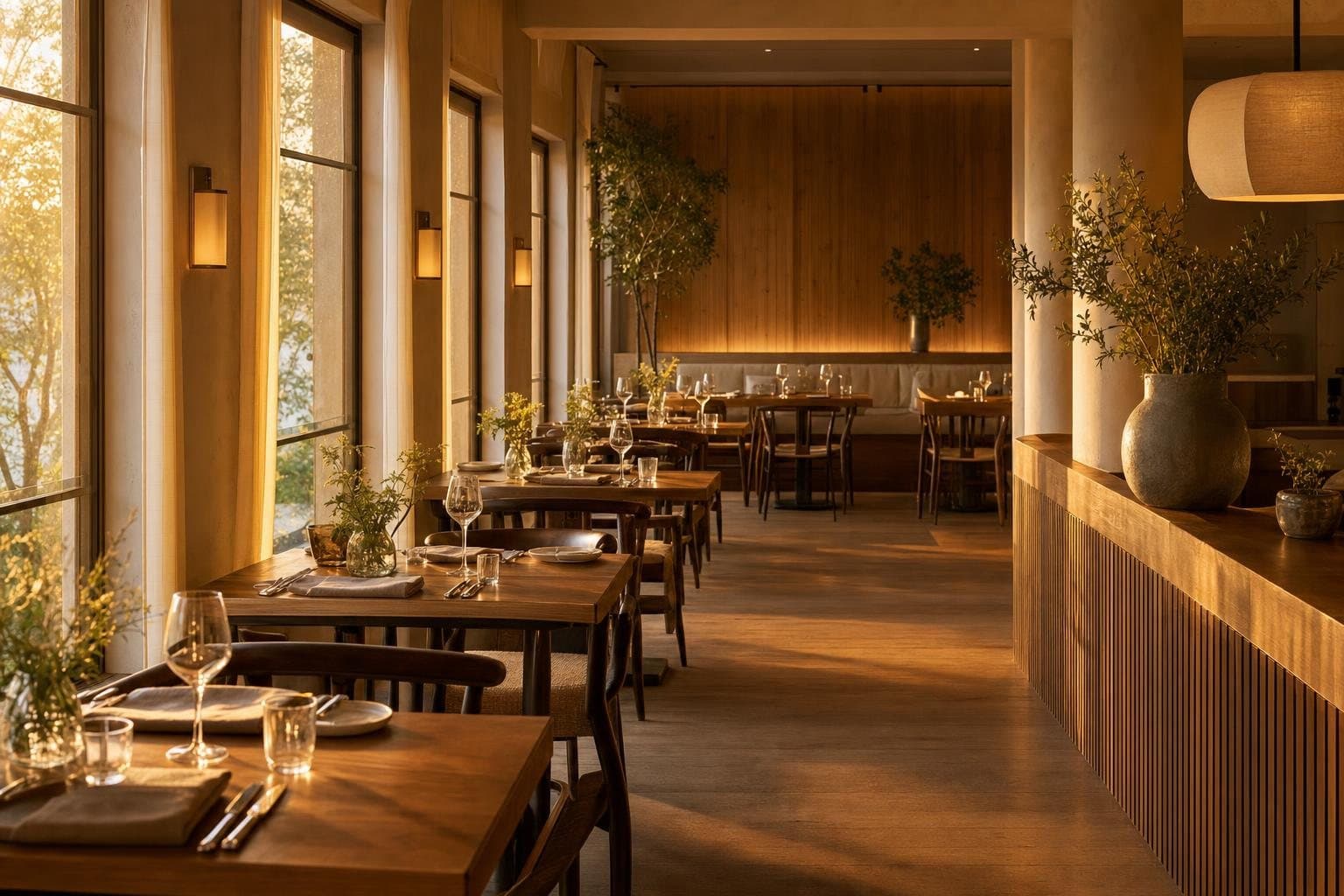 An empty restaurant at the end of service, chairs up on the tables, warm golden-hour light pouring across the room.