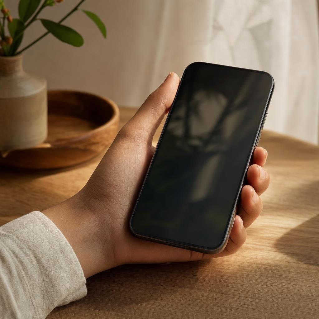 A single phone in hand over a warm wooden counter in soft daylight, one text on the screen — read by the person holding it and no one else.