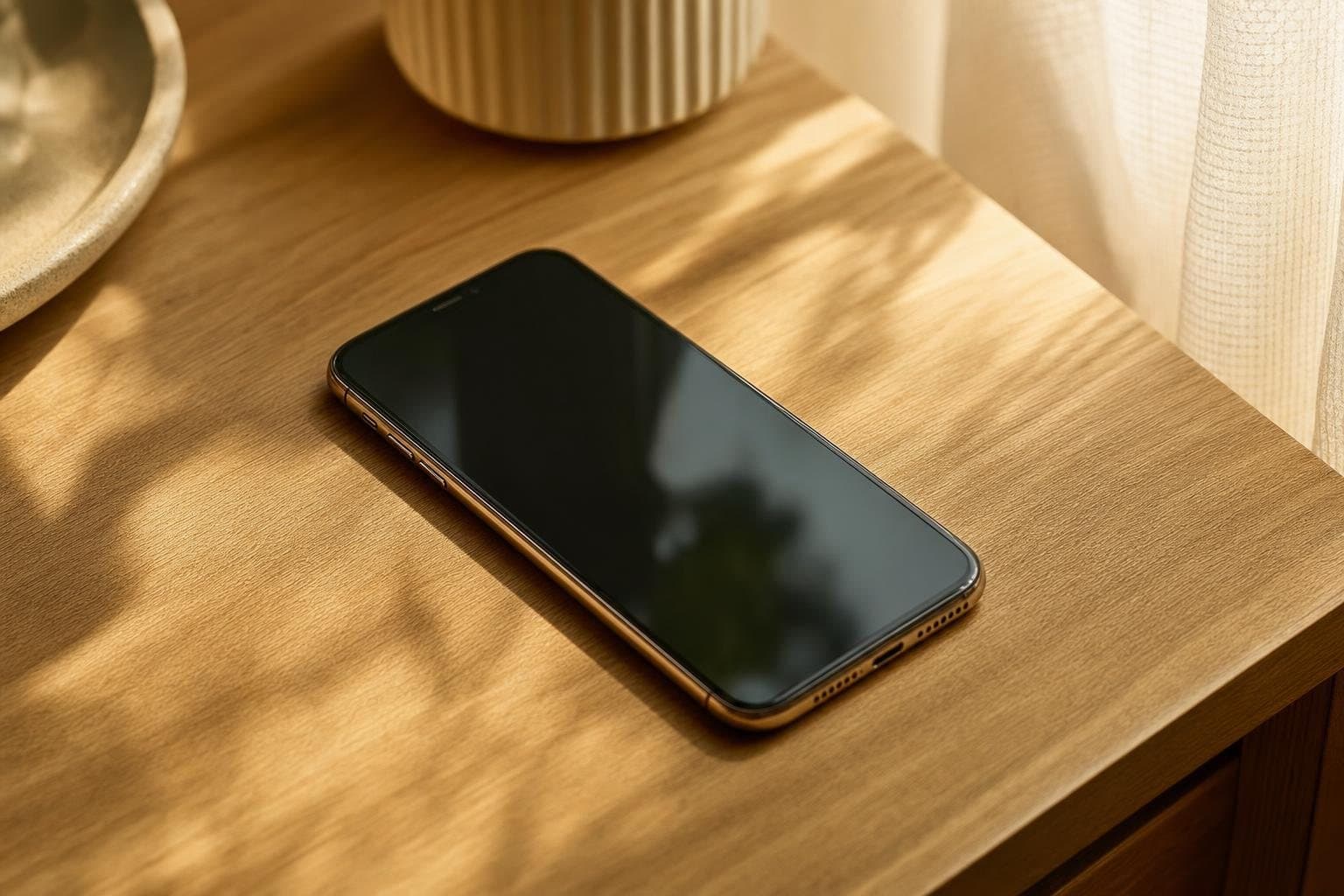 A phone resting face-up on a warm wooden counter in soft daylight, a single message on the screen — seen by one person and kept private.