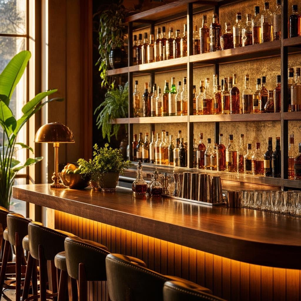 A welcoming pub in warm afternoon light, bottles and glassware bright along the back bar, the room open and ready.