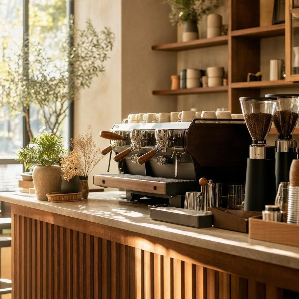 A sunlit cafe in the morning, chairs down and tables ready, a barista pulling shots at the espresso machine in warm light.