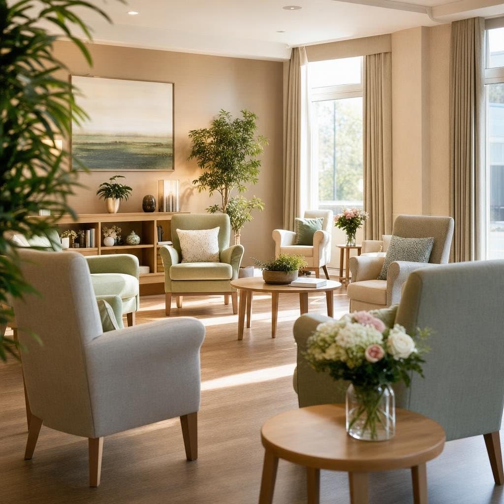 A bright, airy care-home corridor in daylight, doorways sunlit, a calm nurses' station at the far end.