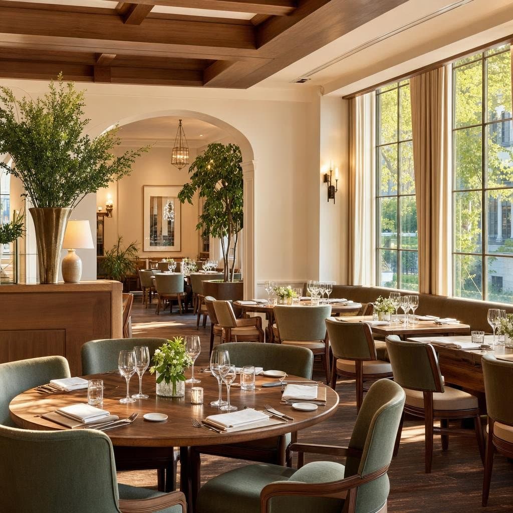 A full-service restaurant floor in warm daylight, tables set and sunlit, the open kitchen bright behind the pass.